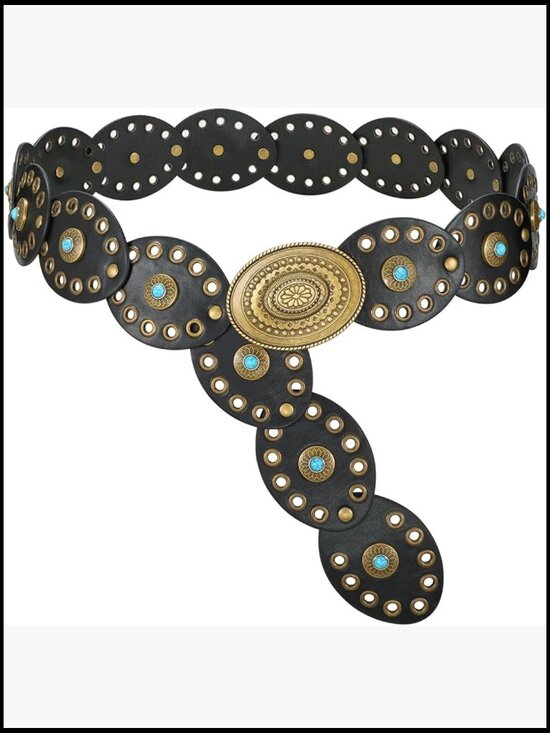 Western Belt with Turquoise Accents Boho Cowgirl Concho Leather Adjustable Disc